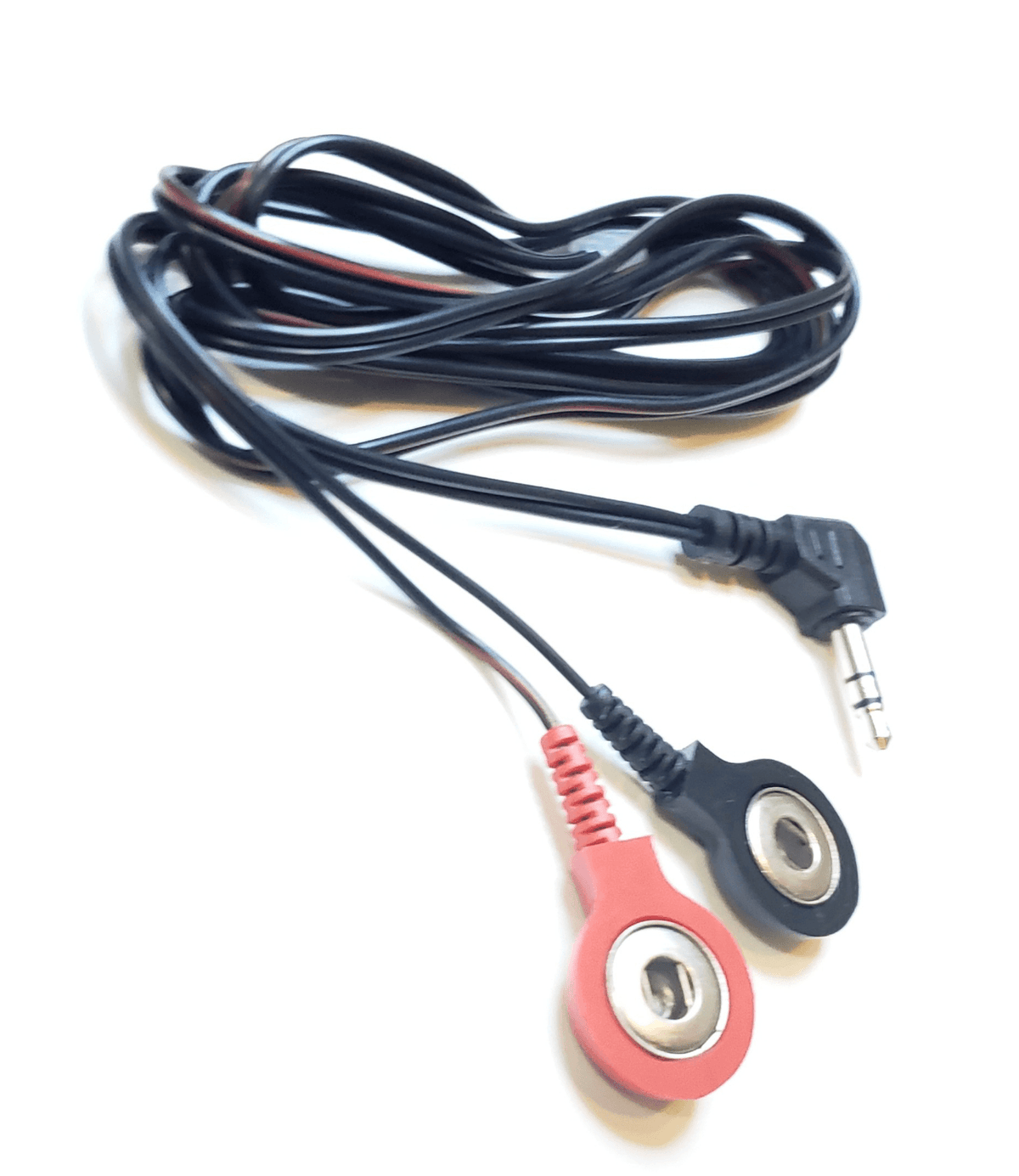 VariZapper/Gamma 2.0 Cordset with two round electrode clips, one red and one black, on a white background.