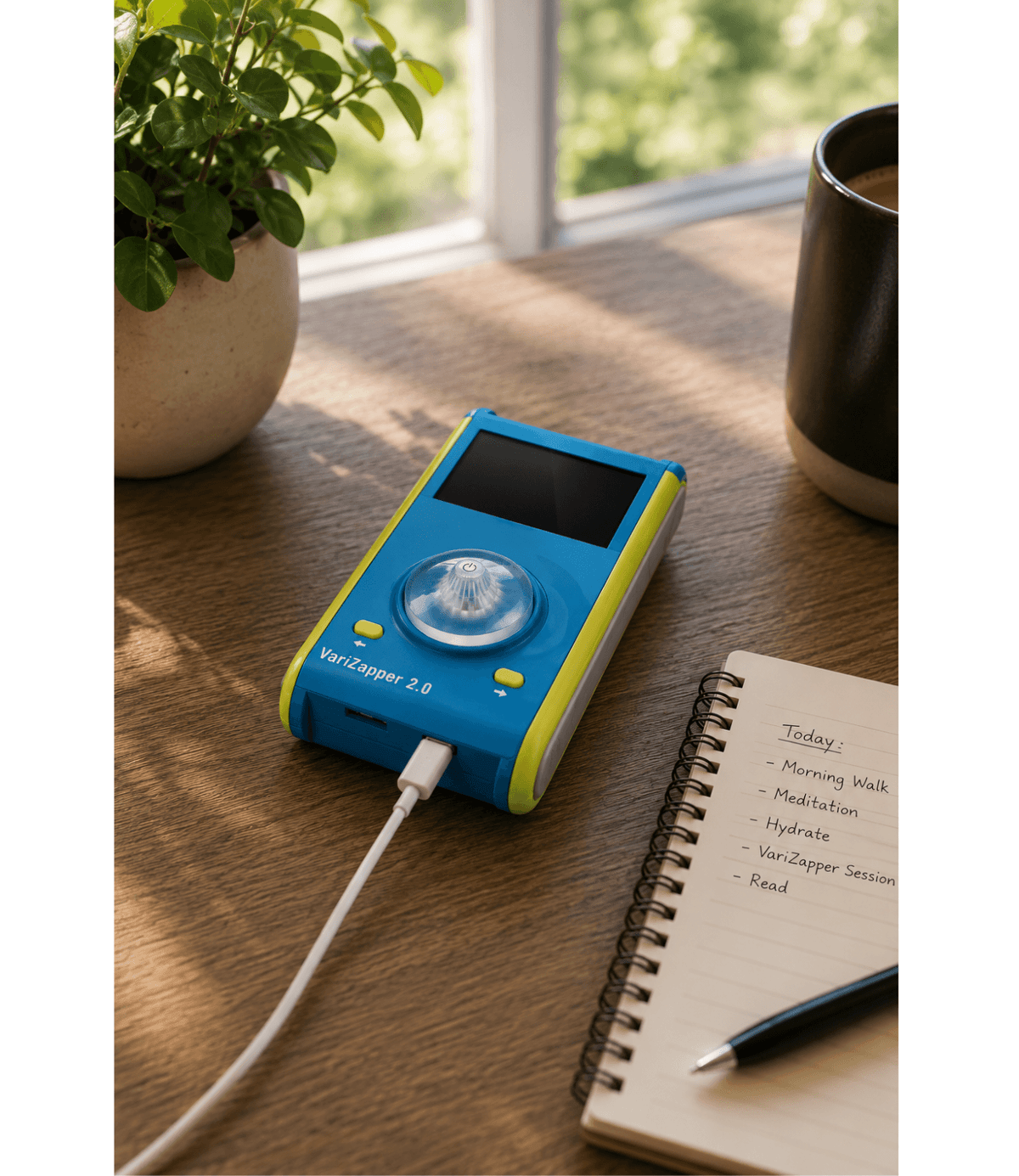 VariZapper 2.0 - Frequency Generator, by Dr Hulda Clark, charging on a table