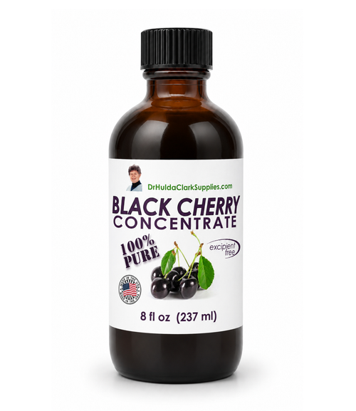 An 8 fl oz amber glass bottle of Dr. Hulda Clark Supplies Black Cherry Concentrate with a black ribbed cap and a white label featuring cherries, on a white background.