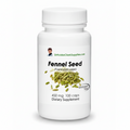 A white plastic bottle of Dr. Hulda Clark Supplies Fennel Seed dietary supplement, 450 mg, 100 caps, featuring a label with green fennel seeds and the brand name Dr.