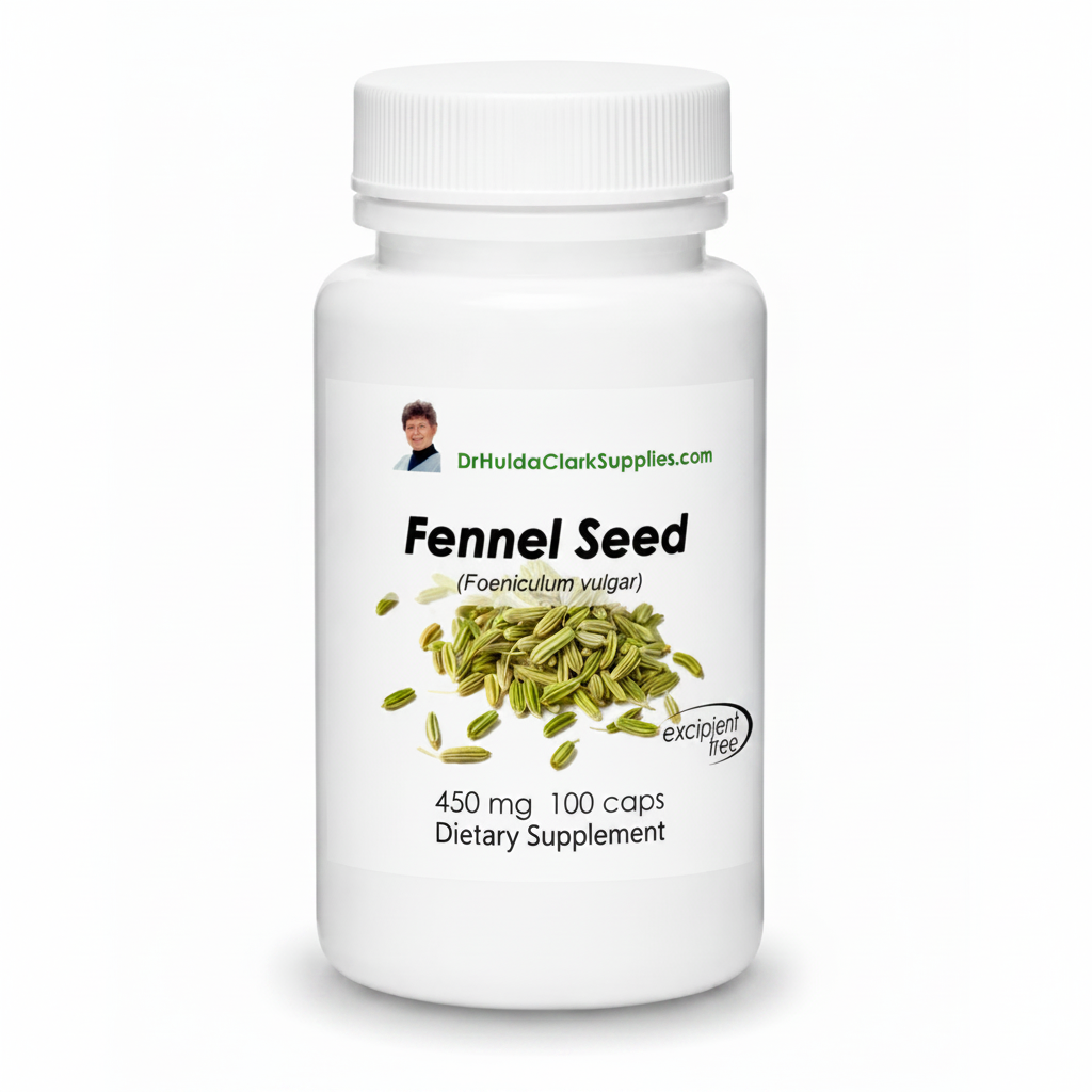A white plastic bottle of Dr. Hulda Clark Supplies Fennel Seed dietary supplement, 450 mg, 100 caps, featuring a label with green fennel seeds and the brand name Dr.