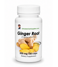 A white plastic bottle of DrHuldaClarkSupplies Ginger Root dietary supplement, containing 100 caps of 500 mg. The label features a photo of fresh ginger root and slices, with green and black text on a clean white background.