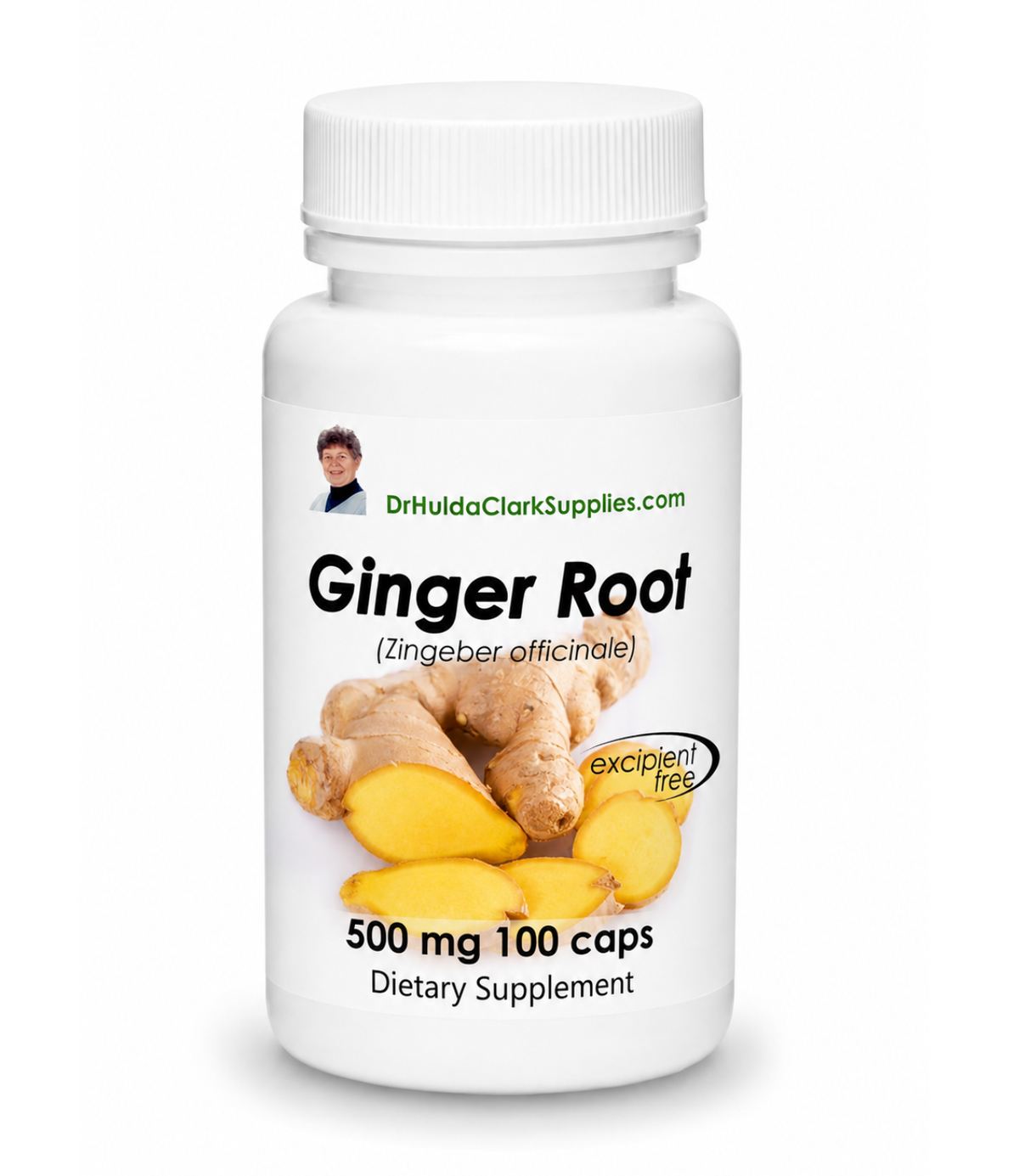 A white plastic bottle of DrHuldaClarkSupplies Ginger Root dietary supplement, containing 100 caps of 500 mg. The label features a photo of fresh ginger root and slices, with green and black text on a clean white background.