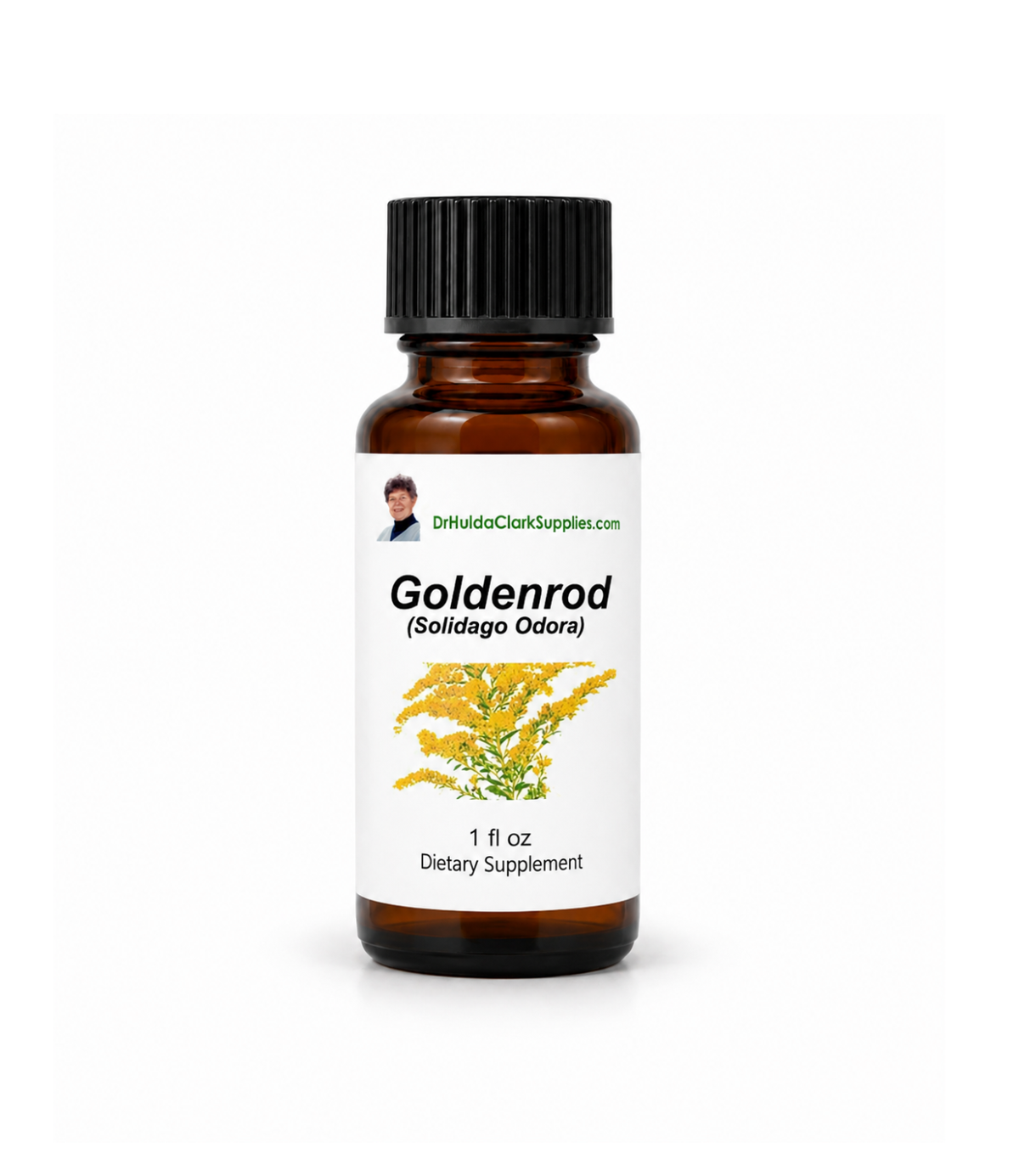 A 1 fl oz amber glass bottle of Dr. Hulda Clark Supplies Goldenrod (Solidago Odor) dietary supplement with a black ribbed cap and a white label featuring yellow flowers.