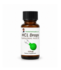An amber glass bottle of HCL Drops with a black ribbed cap and a white label, shown on a plain white background. The label features the brand name DrHuldaClarkSupplies.