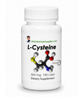 A white plastic bottle of L-Cysteine dietary supplement with a white cap, featuring a label with a molecular model and the text 'DrHuldaClarkSupplies.com' and 'L-Cysteine 500 mg 100 caps'.