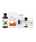 A group of five health supplement products arranged in a row against a plain white background, including a black walnut supplement bottle, a liver support tea pouch, a superior liver support capsules bottle, an HCL drops bottle, and an Omnitine supplement bottle.