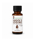 A 1 fl oz amber glass bottle of Lugol's Iodine 2% solution with a black ribbed cap and a white label, shown on a clean white background.