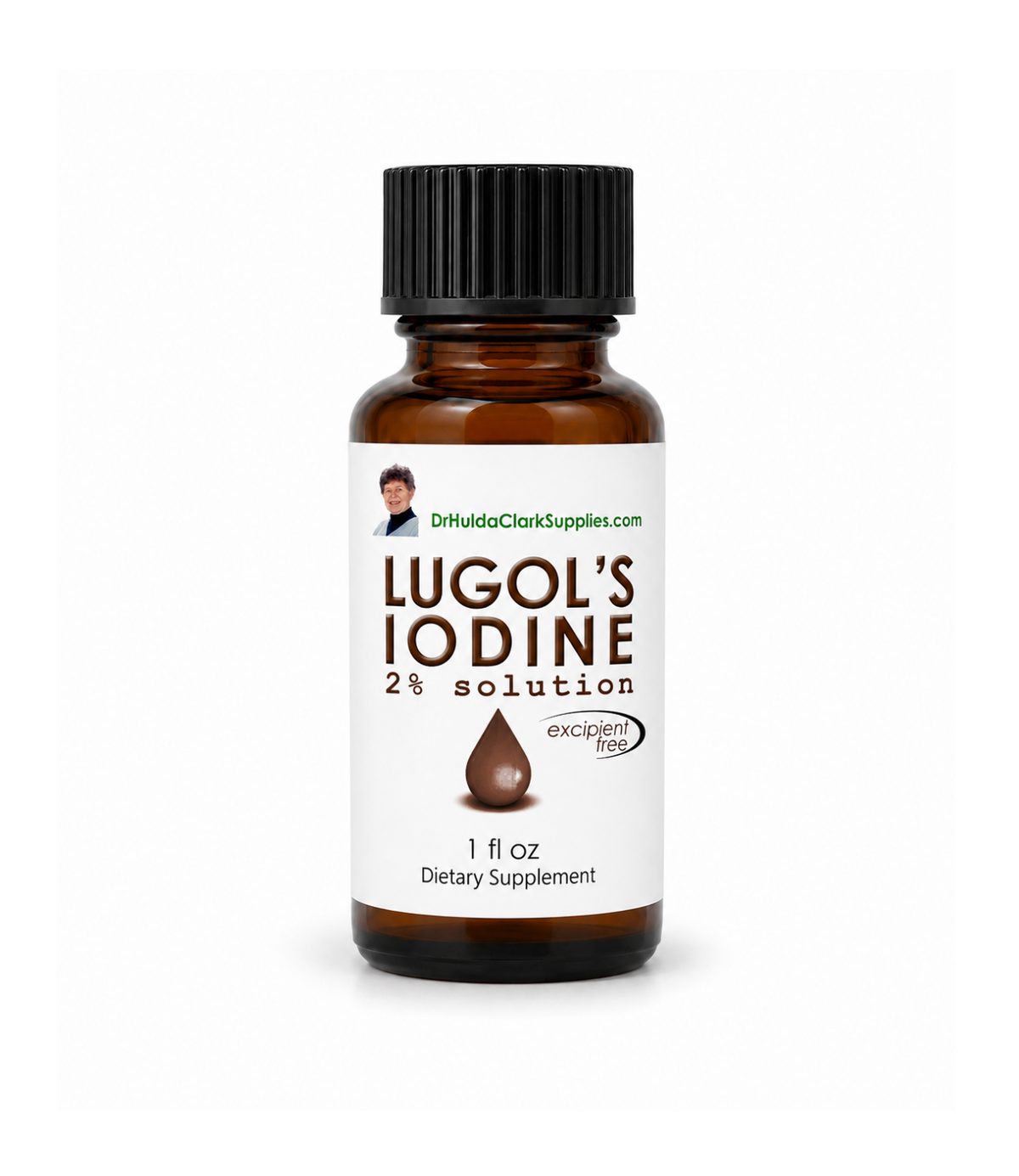 A 1 fl oz amber glass bottle of Lugol's Iodine 2% solution with a black ribbed cap and a white label, shown on a clean white background.