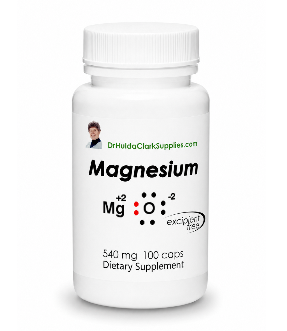 A white plastic bottle of Magnesium dietary supplement with a white cap, featuring a label with the text 'DrHuldaClarkSupplies.com', 'Magnesium', chemical symbols, and '540 mg 100 caps Dietary Supplement'.