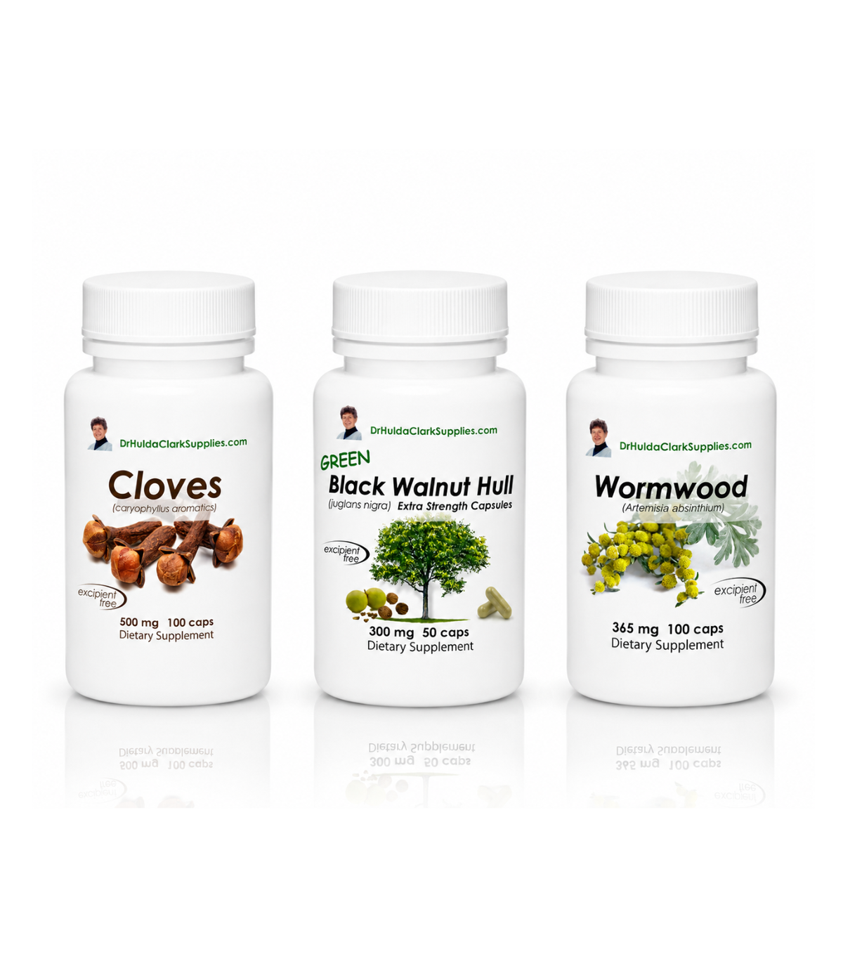 Three white supplement bottles on a white background: Cloves, Black Walnut Hull, and Wormwood, each with a white cap and printed label.