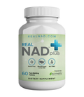 A white plastic bottle of Real NAD+ Plus dietary supplement with a light green and blue label, on a plain white background.