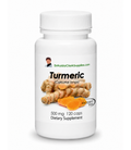 A white plastic bottle of Dr. Hulda Clark Supplies Turmeric dietary supplement, 500 mg, 120 caps, featuring a label with turmeric root and orange slices on a white background.