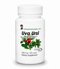 A white plastic bottle of Uva Ursi dietary supplement by DrHuldaClarkSupplies.com, featuring a label with a green leaf and red berry illustration, on a white background.