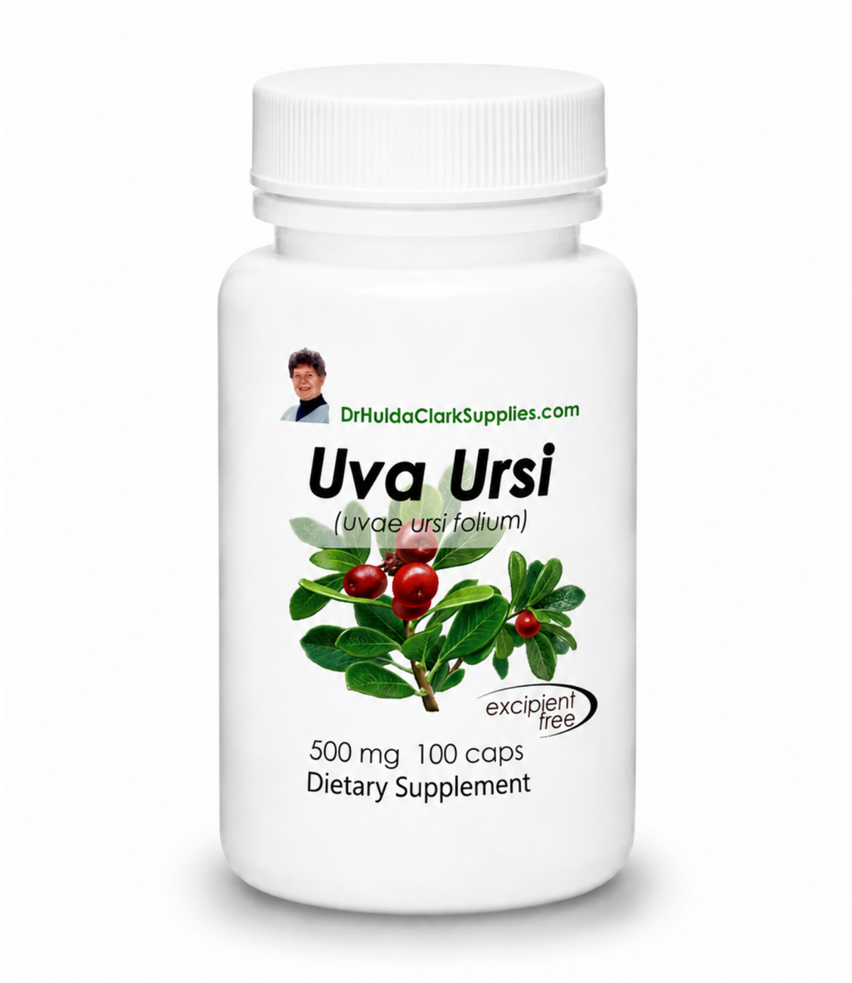 A white plastic bottle of Uva Ursi dietary supplement by DrHuldaClarkSupplies.com, featuring a label with a green leaf and red berry illustration, on a white background.