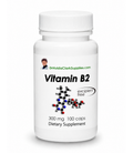 A white plastic bottle of Vitamin B2 dietary supplement with a white cap, featuring a label with the brand name DrHuldaClarkSupplies.com and a molecular structure graphic.