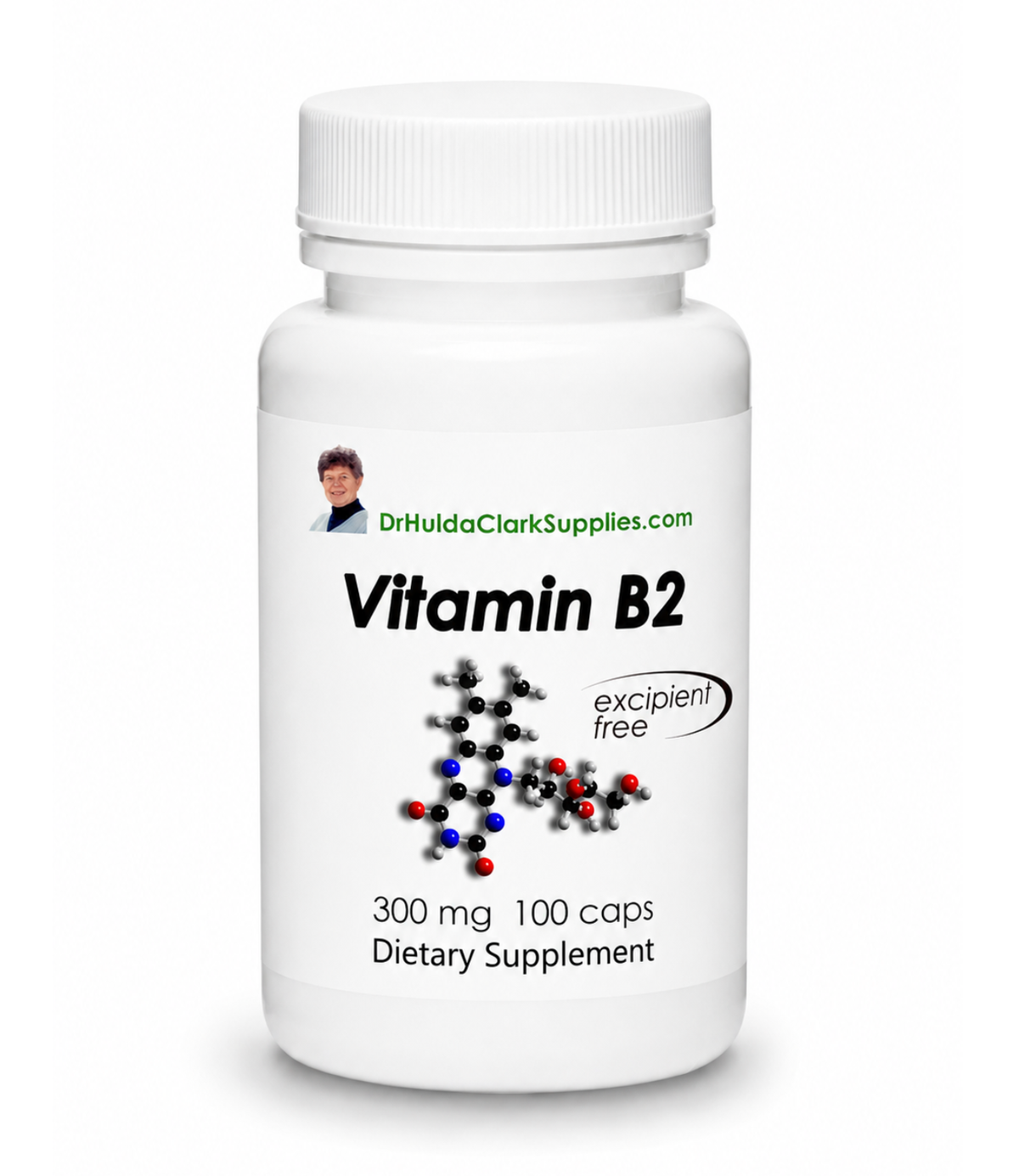 A white plastic bottle of Vitamin B2 dietary supplement with a white cap, featuring a label with the brand name DrHuldaClarkSupplies.com and a molecular structure graphic.
