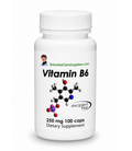 A white plastic bottle of Vitamin B6 dietary supplement by DrHuldaClarkSupplies.com, featuring a black and red molecular structure graphic on the label.