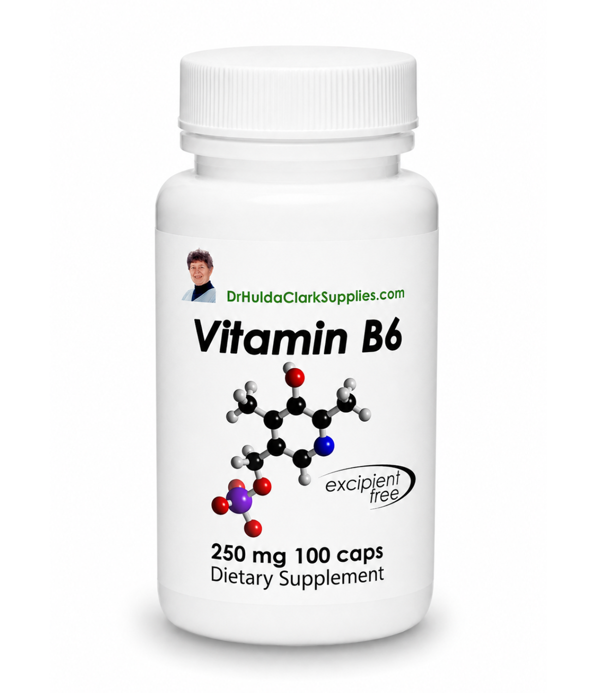 A white plastic bottle of Vitamin B6 dietary supplement by DrHuldaClarkSupplies.com, featuring a black and red molecular structure graphic on the label.