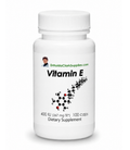 A white plastic bottle of Vitamin E dietary supplement with a white cap, featuring the brand name DrHuldaClarkSupplies.com and a molecular structure graphic on the label.