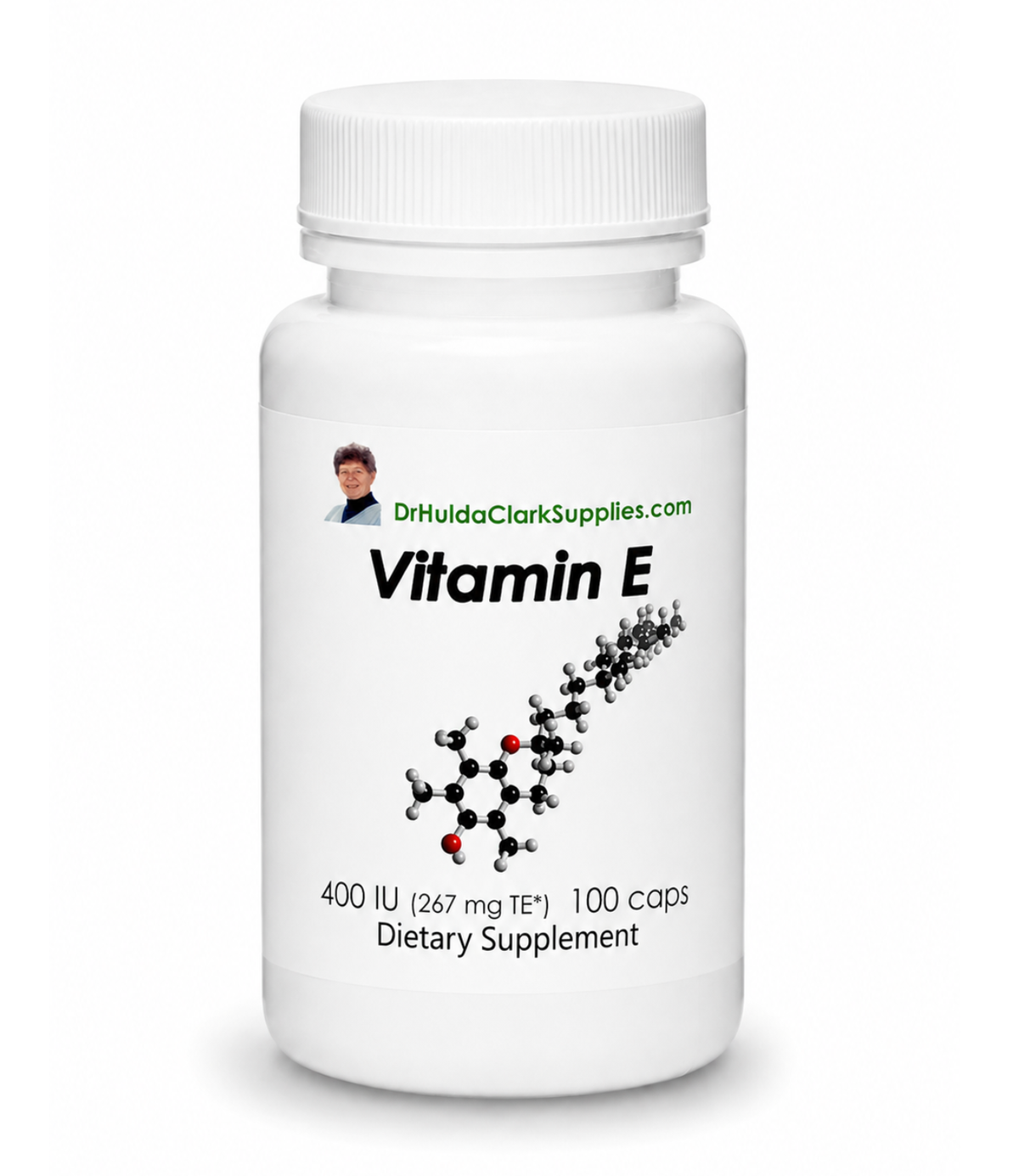 A white plastic bottle of Vitamin E dietary supplement with a white cap, featuring the brand name DrHuldaClarkSupplies.com and a molecular structure graphic on the label.